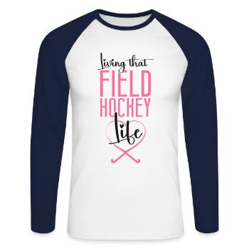 Field Hockey Living That Field - Unisex Baseballshirt langarm - Weiß/Navy - Vorne - Nik (191cm)