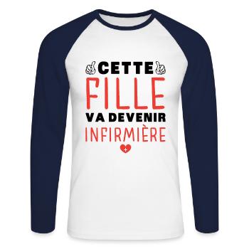 fille va devenir infirmière - Future infirmière - T-shirt baseball manches longues Homme - blanc/marine - Devant - Nik (191cm)