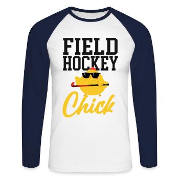 Field Hockey Chicken Field Hockey - Unisex Baseballshirt langarm - Weiß/Navy - Vorne - Nik (191cm)