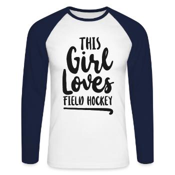 Hockey sur gazon Cette fille aime le terrain - T-shirt baseball manches longues Homme - blanc/marine - Devant - Nik (191cm)