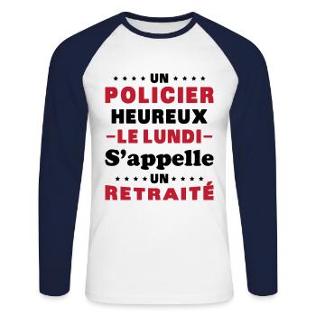 un policier heureux le lundi s'appelle un retraité - T-shirt baseball manches longues Homme - blanc/marine - Devant - Nik (191cm)
