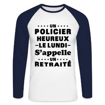un policier heureux le lundi s'appelle un retraité - T-shirt baseball manches longues Homme - blanc/marine - Devant - Nik (191cm)