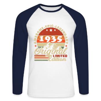 Original 1935 Vintage Retro Anniversary Gift - Unisex Long Sleeve Baseball T-Shirt - white/navy - Front - Nik (191cm)