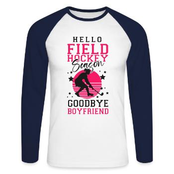 Field Hockey Hello Field Hockey - Unisex Baseballshirt langarm - Weiß/Navy - Vorne - Nik (191cm)