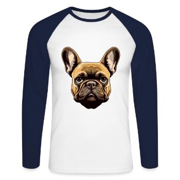 Tête de chien bouledogue français - T-shirt baseball manches longues Homme - blanc/marine - Devant - Nik (191cm)