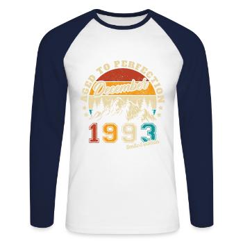 Cadeau d’anniversaire né en décembre 1993 - T-shirt baseball manches longues Homme - blanc/marine - Devant - Nik (191cm)