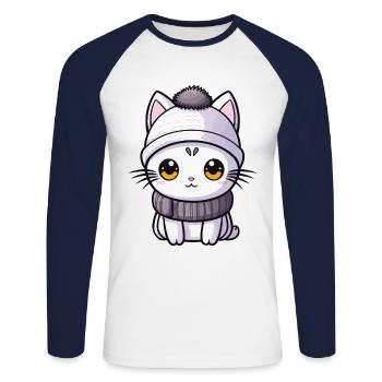 Bande dessinée d’hiver de chat - T-shirt baseball manches longues Homme - blanc/marine - Devant - Nik (191cm)