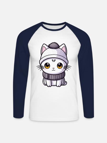 Katze Winter Comic - Unisex Baseballshirt langarm - Weiß/Navy