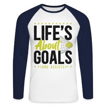 Hockey sur gazon : La vie est une question d’objectifs - T-shirt baseball manches longues Homme - blanc/marine - Devant - Nik (191cm)