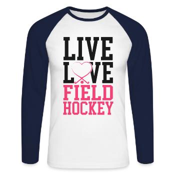 Field Hockey Live Love Field - Unisex Baseballshirt langarm - Weiß/Navy - Vorne - Nik (191cm)