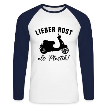 Lieber Rost als Plastic - Unisex Baseballshirt langarm - Weiß/Navy - Vorne - Nik (191cm)