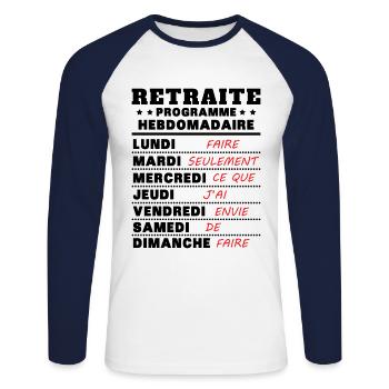 Retraite programme hebdomad retraite rigolo - T-shirt baseball manches longues Homme - blanc/marine - Devant - Nik (191cm)