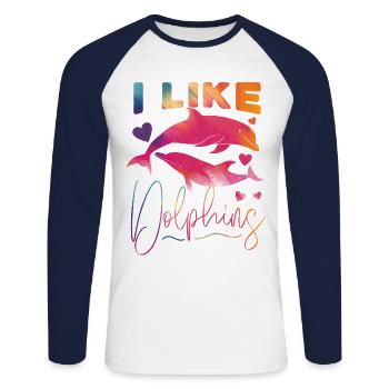 Aquarelle de dauphin j’aime les dauphins - T-shirt baseball manches longues Homme - blanc/marine - Devant - Nik (191cm)