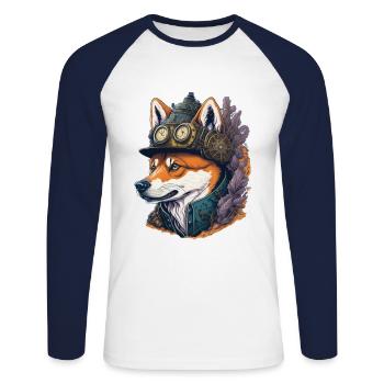 Steampunk Shiba Inu Retro Dogs Design - Unisex Long Sleeve Baseball T-Shirt - white/navy - Front - Nik (191cm)