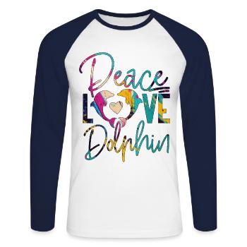Dolphin Peace Love Dolphin - Unisex Baseballshirt langarm - Weiß/Navy - Vorne - Nik (191cm)