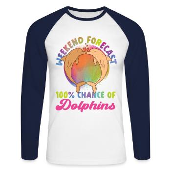 Dolphin Weekend Forecast: 100% - Unisex Baseballshirt langarm - Weiß/Navy - Vorne - Nik (191cm)