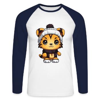 Tiger Winter Animal Cute Comic - Unisex Long Sleeve Baseball T-Shirt - white/navy - Front - Nik (191cm)