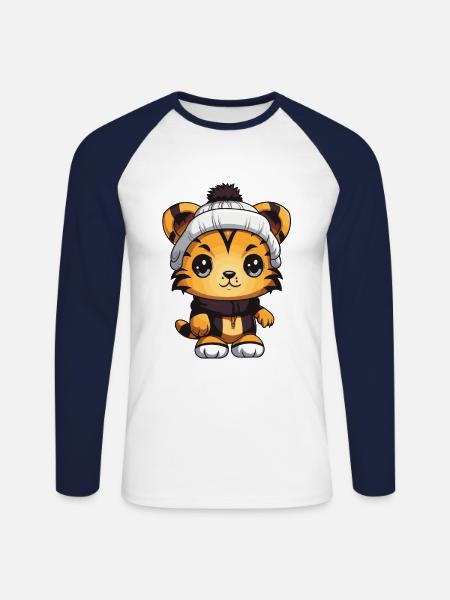 Tiger Winter Animal Cute Comic - Unisex Long Sleeve Baseball T-Shirt - white/navy