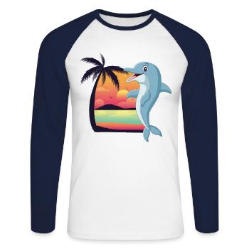 Dolphin Beach Palm Tree Sunset - Unisex Long Sleeve Baseball T-Shirt - white/navy - Front - Nik (191cm)