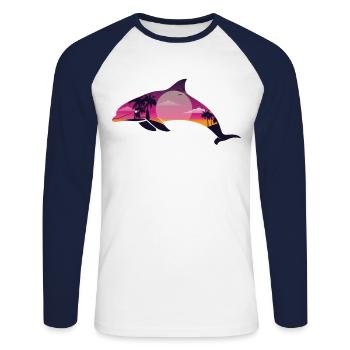Dolphin Palm Tree Sunset - Unisex Baseballshirt langarm - Weiß/Navy - Vorne - Nik (191cm)
