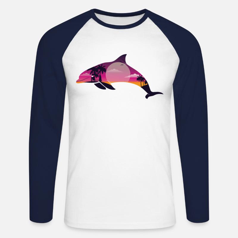 Dolphin Palm Tree Sunset - Unisex Baseballshirt langarm - Weiß/Navy