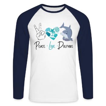 Dolphin Peace Love Dolphin - Unisex Baseballshirt langarm - Weiß/Navy - Vorne - Nik (191cm)