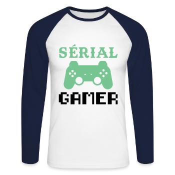 Sérial Gamer humour console jeux vidéos ado geek - T-shirt baseball manches longues Homme - blanc/marine - Devant - Nik (191cm)