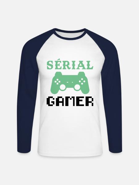 Seriële Gamer Humor Console Videogames Tiener Geek - Mannen baseballshirt lange mouw - wit/navy