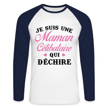 Femme Maman célibataire qui déchire - T-shirt baseball manches longues Homme - blanc/marine - Devant - Nik (191cm)
