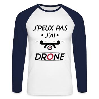 J'peux pas j'ai Drone - T-shirt baseball manches longues Homme - blanc/marine - Devant - Nik (191cm)