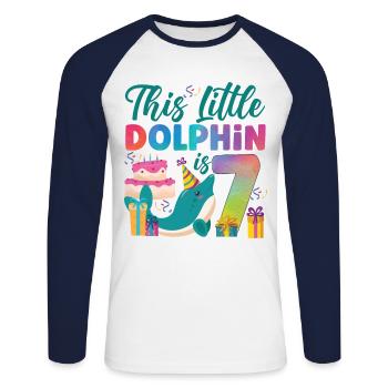Dolphin 7th Birthday Watercolor - Unisex Long Sleeve Baseball T-Shirt - white/navy - Front - Nik (191cm)
