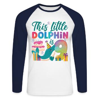 Dolphin 9th Birthday Watercolor - Unisex Baseballshirt langarm - Weiß/Navy - Vorne - Nik (191cm)