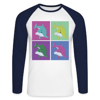 Dauphin rétro des années 80 des années 90 Vintage - T-shirt baseball manches longues Homme - blanc/marine - Devant - Nik (191cm)