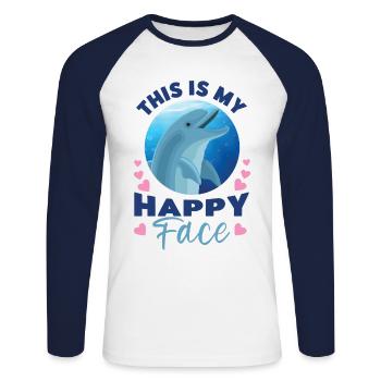 Dolphin This Is My Happy Face - Unisex Baseballshirt langarm - Weiß/Navy - Vorne - Nik (191cm)