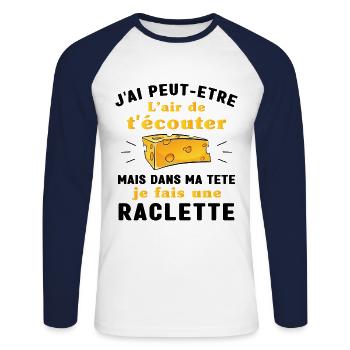 Dans ma tête raclette humour raclette homme femme - T-shirt baseball manches longues Homme - blanc/marine - Devant - Nik (191cm)