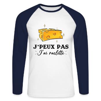 J'peux pas j'ai raclette - T-shirt baseball manches longues Homme - blanc/marine - Devant - Nik (191cm)