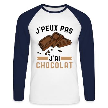Je Peux Pas J'Ai Chocolat Humour Chocolatine - T-shirt baseball manches longues Homme - blanc/marine - Devant - Nik (191cm)