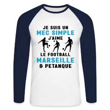 Mec Simple Marseillais Pétanque Amateur Football - T-shirt baseball manches longues Homme - blanc/marine - Devant - Nik (191cm)