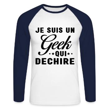 Je suis un geek qui déchire - T-shirt baseball manches longues Homme - blanc/marine - Devant - Nik (191cm)