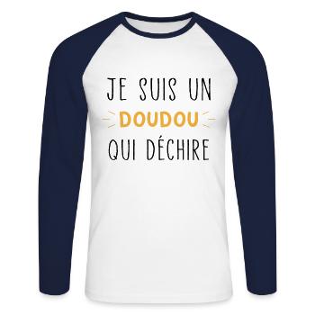Je suis un Doudou qui déchire Humour Doudou - T-shirt baseball manches longues Homme - blanc/marine - Devant - Nik (191cm)