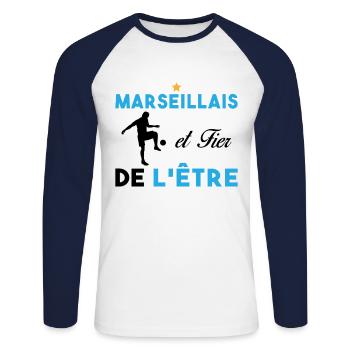 J'aime Marseille Je suis Supporter de Marseille - T-shirt baseball manches longues Homme - blanc/marine - Devant - Nik (191cm)