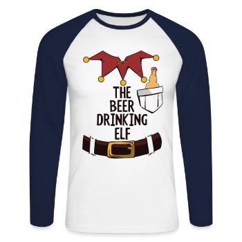 Noël humour bière l’elfe buvant de la bière - T-shirt baseball manches longues Homme - blanc/marine - Devant - Nik (191cm)
