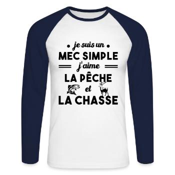 Mec simple Chasse Peche Humour Cadeau - T-shirt baseball manches longues Homme - blanc/marine - Devant - Nik (191cm)