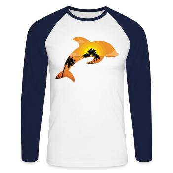 Dolphin Palm Tree Sunset - Unisex Baseballshirt langarm - Weiß/Navy - Vorne - Nik (191cm)