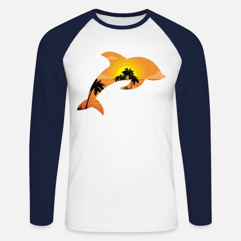 Dolphin Palm Tree Sunset - Unisex Baseballshirt langarm - Weiß/Navy