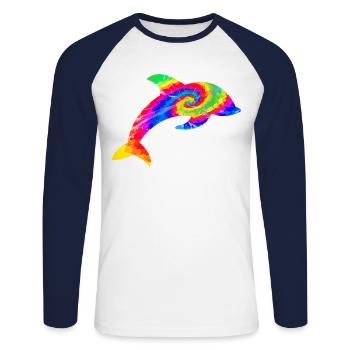 Dolphin Tie Dye - Unisex Baseballshirt langarm - Weiß/Navy - Vorne - Nik (191cm)