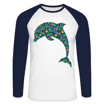Dolphin Tropical Flower Floral - Unisex Long Sleeve Baseball T-Shirt - white/navy - Front - Nik (191cm)