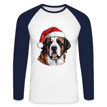Portrait de Noël tête de chien Saint Bernand - T-shirt baseball manches longues Homme - blanc/marine - Devant - Nik (191cm)
