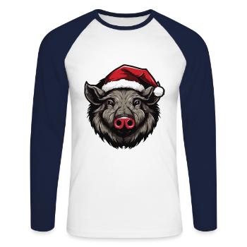 Portrait de Noël tête de sanglier - T-shirt baseball manches longues Homme - blanc/marine - Devant - Nik (191cm)