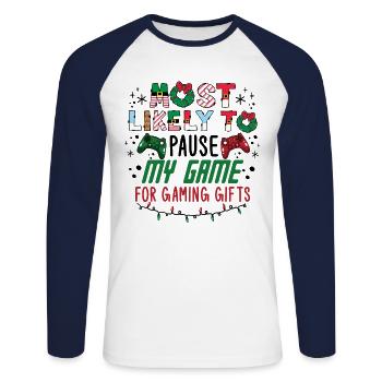 Weihnachten Gamer Pause My Game For Gaming Gifts - Unisex Baseballshirt langarm - Weiß/Navy - Vorne - Nik (191cm)